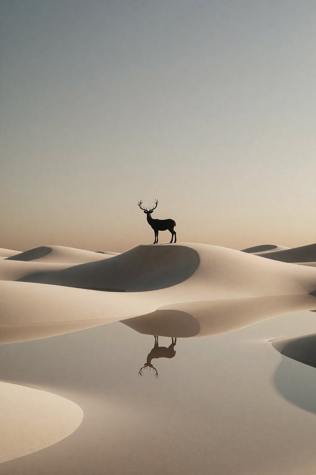 A surreal,  minimalist landscape features a single black silhouette of a deer standing atop a vast,  undulating expanse of...