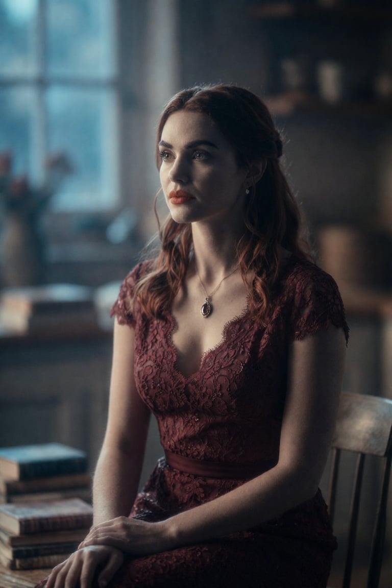 A woman in her early thirties sits comfortably in a sun-drenched kitchen,  bathed in the soft blue light of dusk. Her ches...