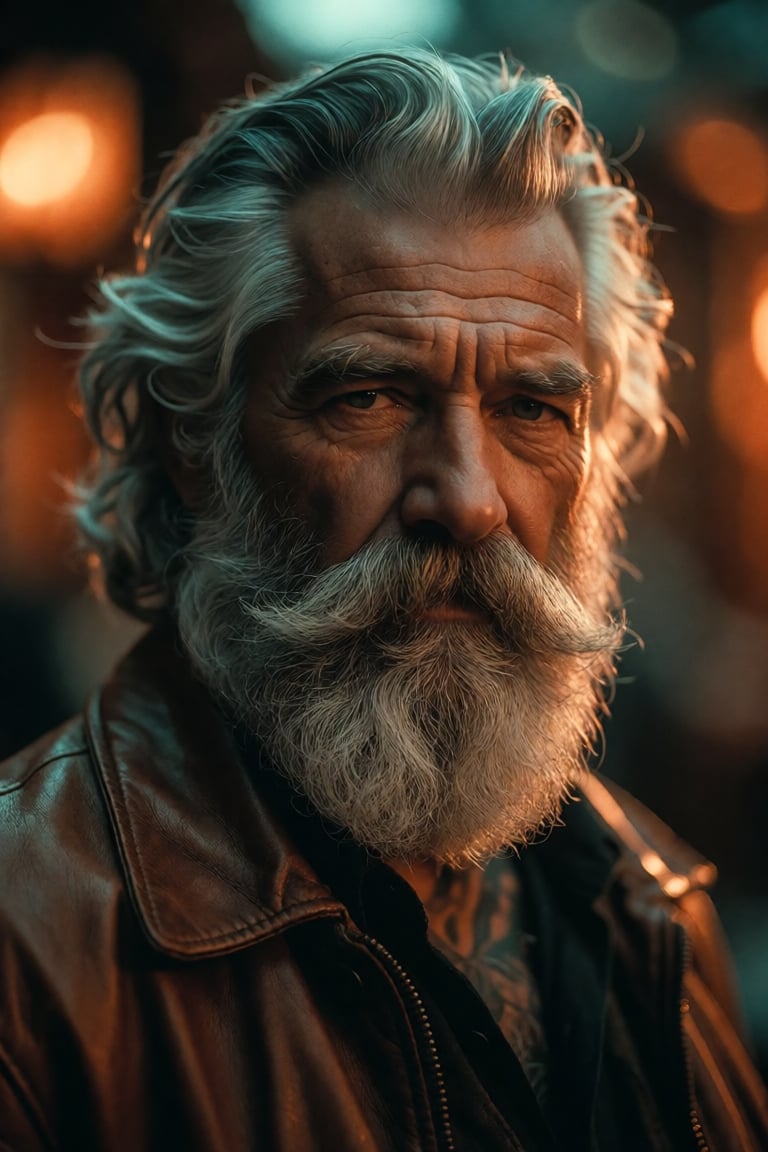 A striking close-up portrait of a mature man with the dignified aura of a seasoned sage,  his face etched with wisdom and...