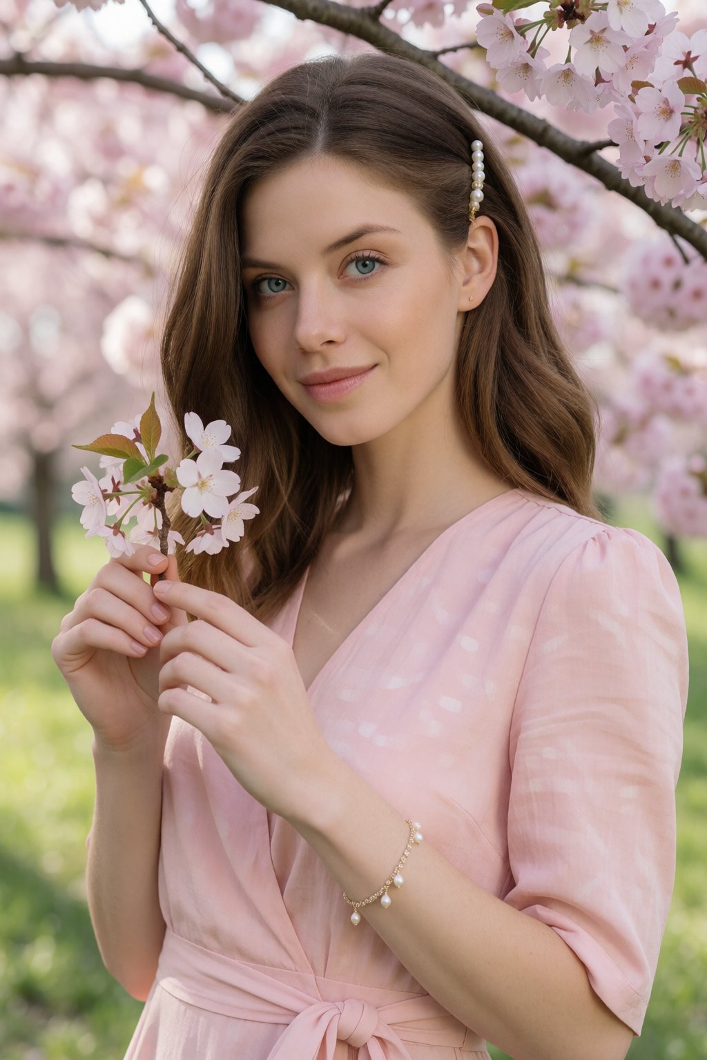 SUBJECT: wo4n1tC,  elegant brunette woman with natural glowing makeup CLOTHING: soft pastel pink midi dress ACCESSORIES: p...