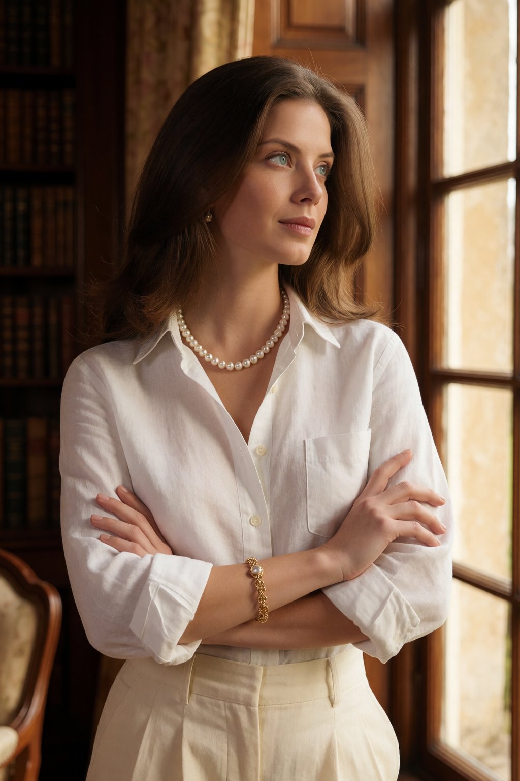 SUBJECT: wo4n1tC,  elegant brunette woman CLOTHING: white linen button-up shirt with cream trousers ACCESSORIES: pearl nec...