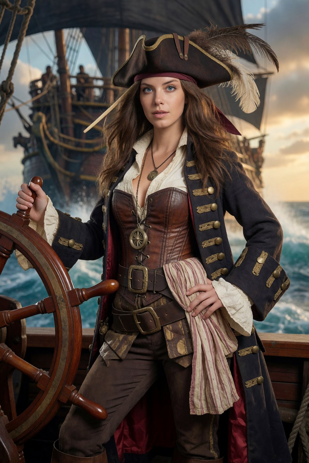 SUBJECT: wo4n1tC,  fearless brunette pirate captain CLOTHING: ornate pirate captain's coat over a leather corset and fitte...