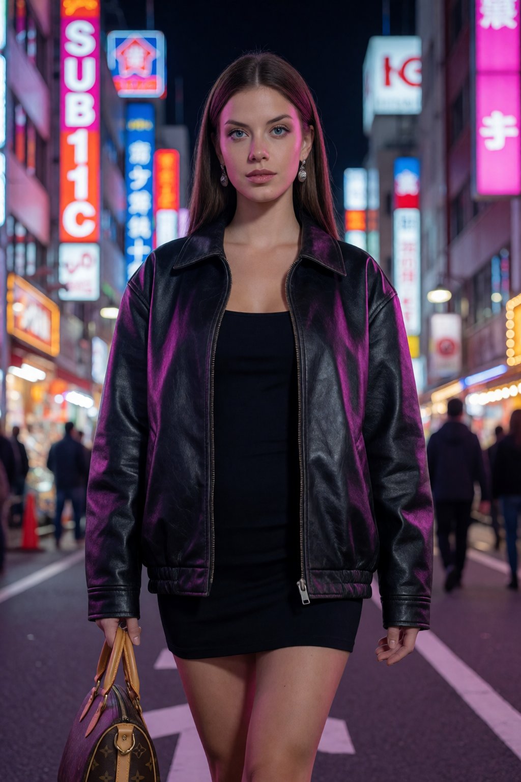 SUBJECT: wo4n1tC,  confident brunette woman with sleek straight hair CLOTHING: oversized black leather jacket over a fitte...