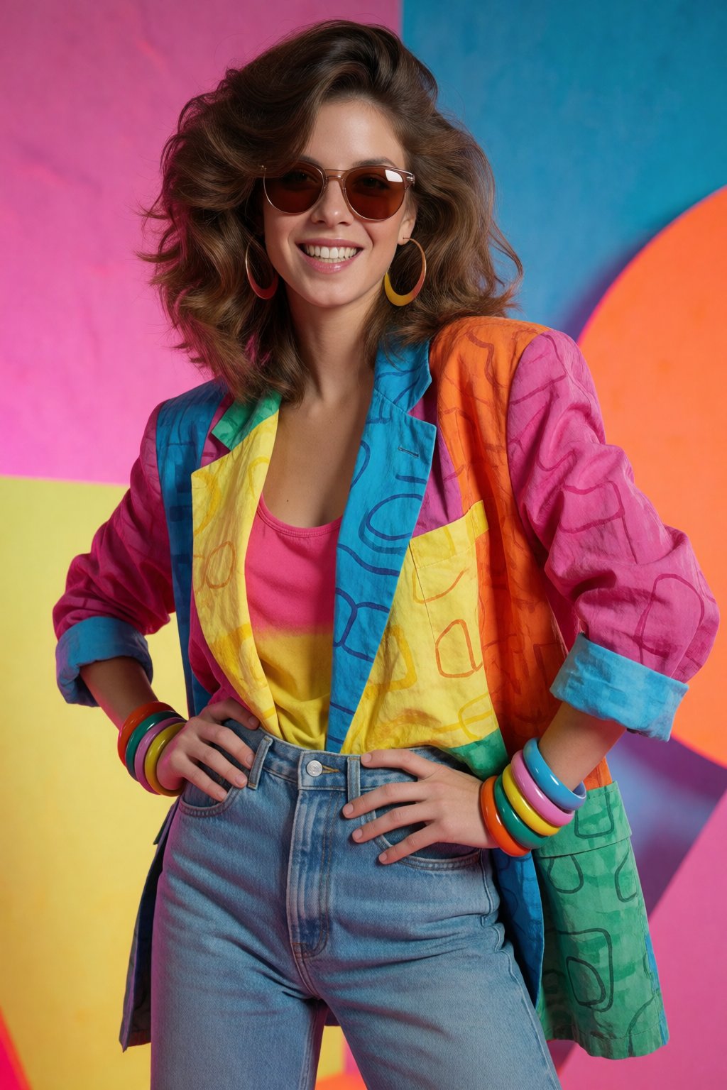 SUBJECT: wo4n1tC,  confident brunette woman with voluminous 1980s hairstyle CLOTHING: oversized colorful blazer with high-...
