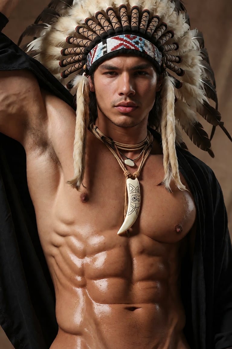 A striking,  hyper-realistic portrait of a young Indigenous man,  his chiseled torso glistening with soft by Official Sket...
