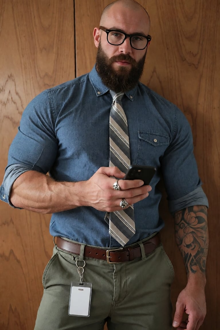 A commanding,  bald man with a thick,  luxuriant beard of deep chestnut and charcoal tones stands in quiet confidence befo...