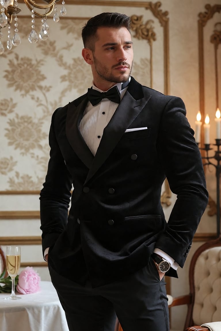 A confident,  well-groomed man in his early to mid-thirties stands in a poised,  slightly angled stance with both hands ca...