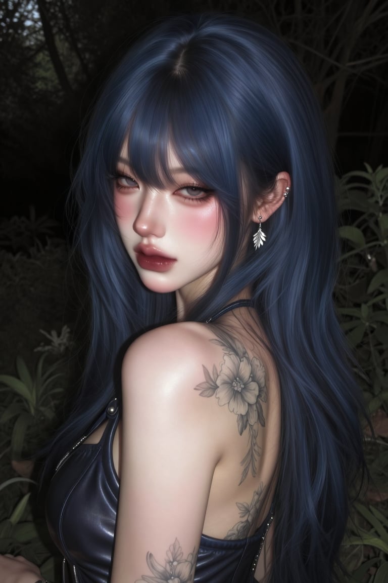 A young woman with She has voluminous,  deep blue hair with a clean center part with soft face-framing strands. She's look...