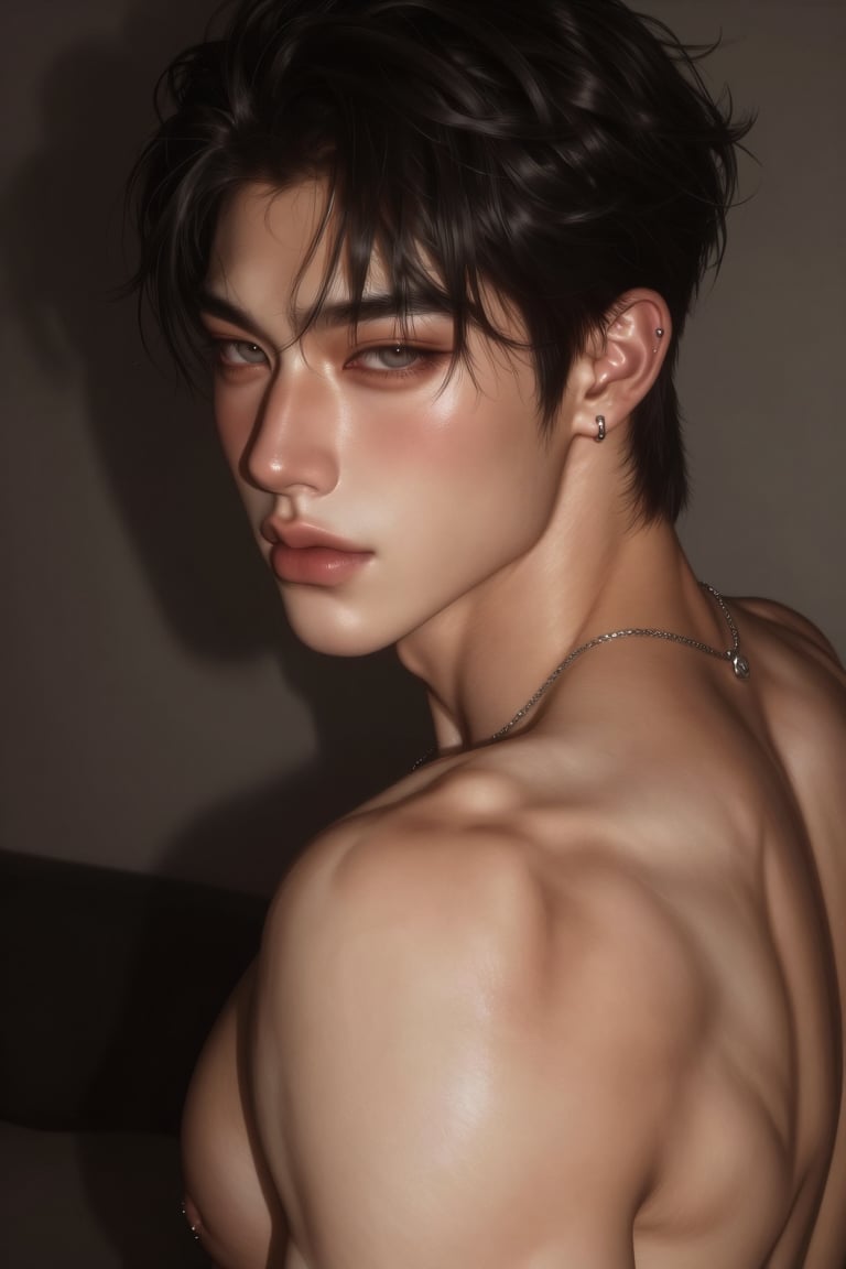 Waist-up portrait of a shirtless full body tattooed young East Asian man with tousled dark hair,  a neutral expression loo...