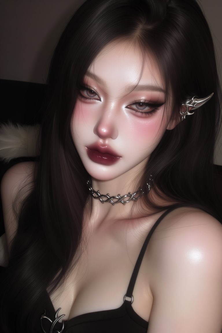 A close-up portrait of a young East Asian woman with striking makeup,  styled in a dark,  avant-garde aesthetic. Her monol...
