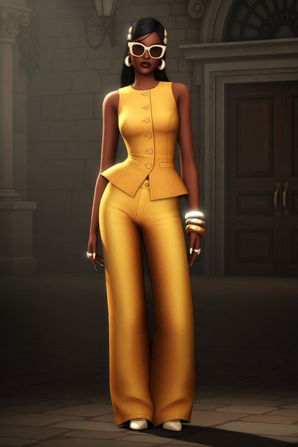 best quality,  @sims4,  @sims4mmstyle A fashionably dressed digital avatar stands centered in a dimly lit by Azriaelis on...