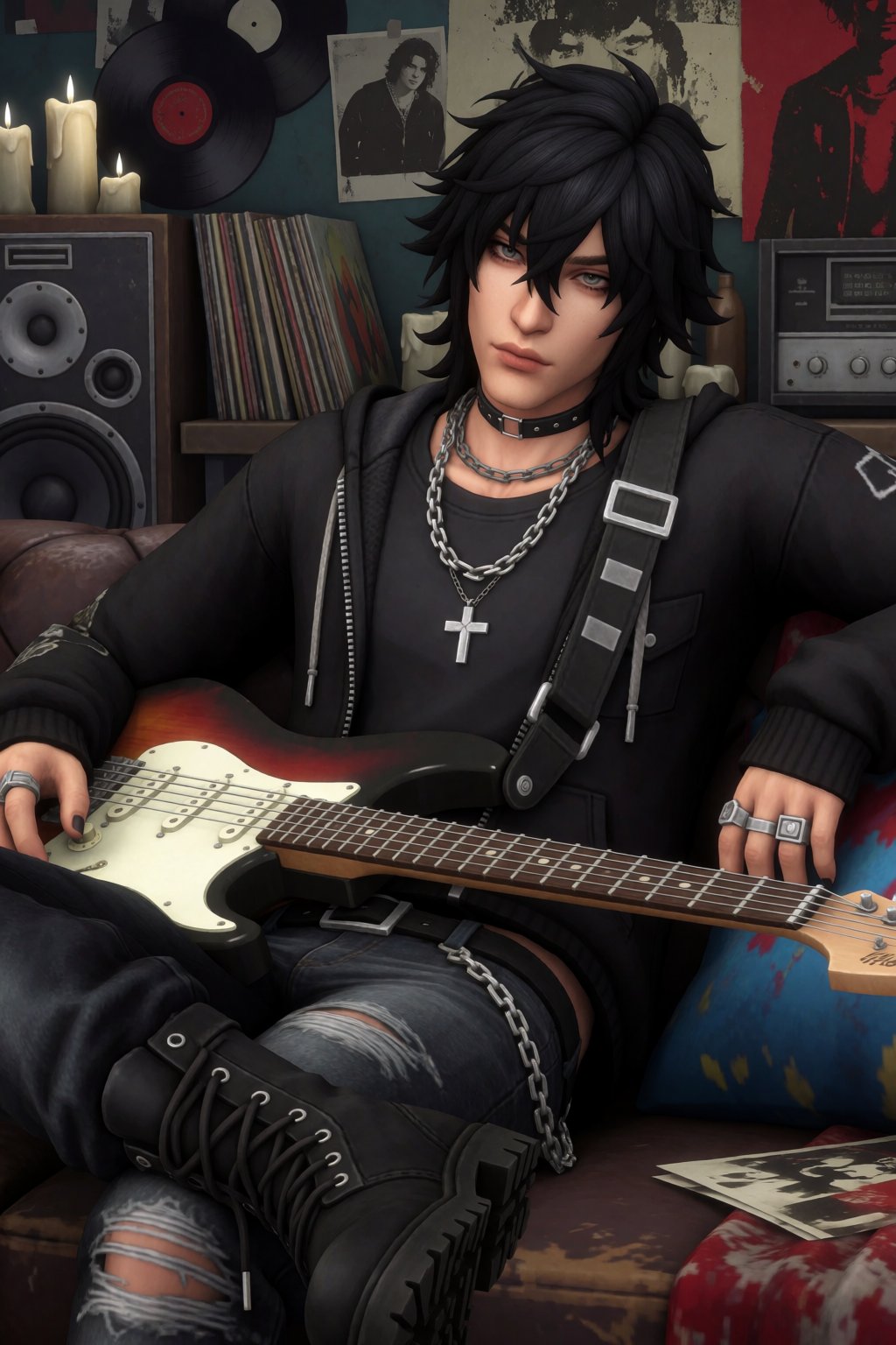 best quality,  @sims4,  @sims4mmstyle young man with messy black shoulder-length hair by Azriaelis on Tensor.Art