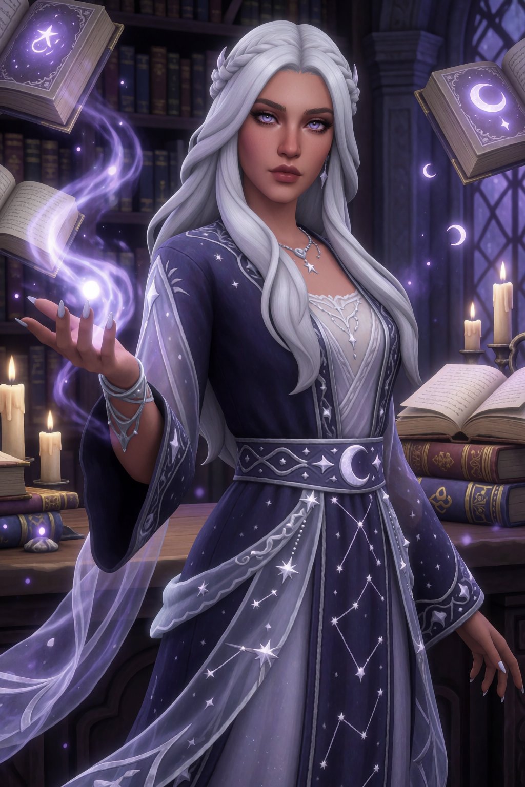 best quality,  @sims4,  @sims4mmstyle mysterious young woman with waist-length silver hair by Azriaelis on Tensor.Art