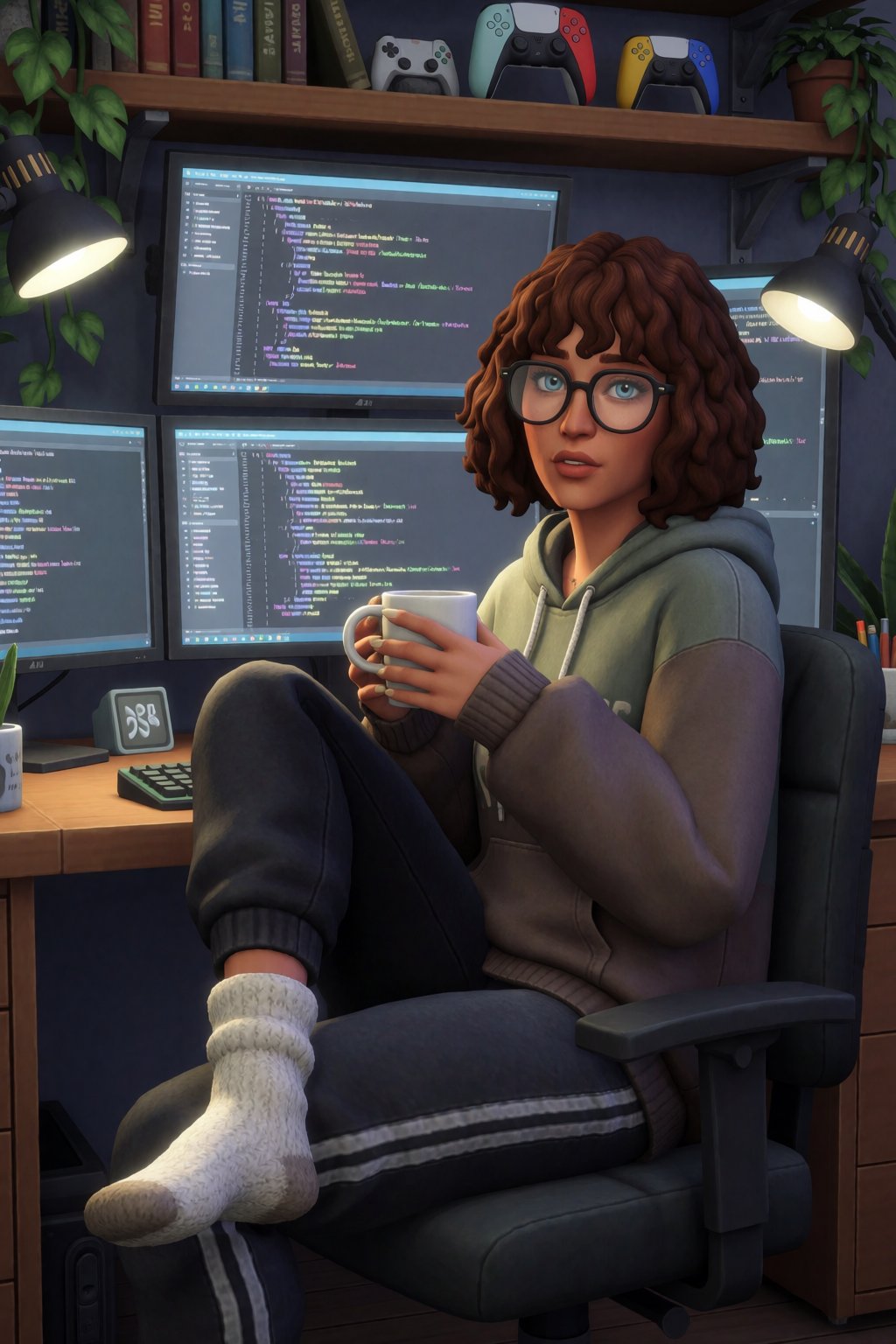 best quality,  @sims4,  @sims4mmstyle woman with shoulder-length curly brown hair by Azriaelis on Tensor.Art