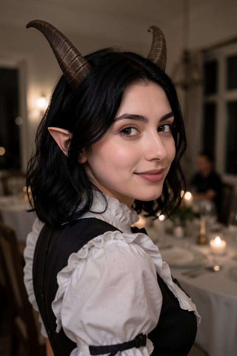 Close up shot,  photograph of a young woman. She has shoulder-length black hair,  horns on her head by jarlbalgruuf on Ten...