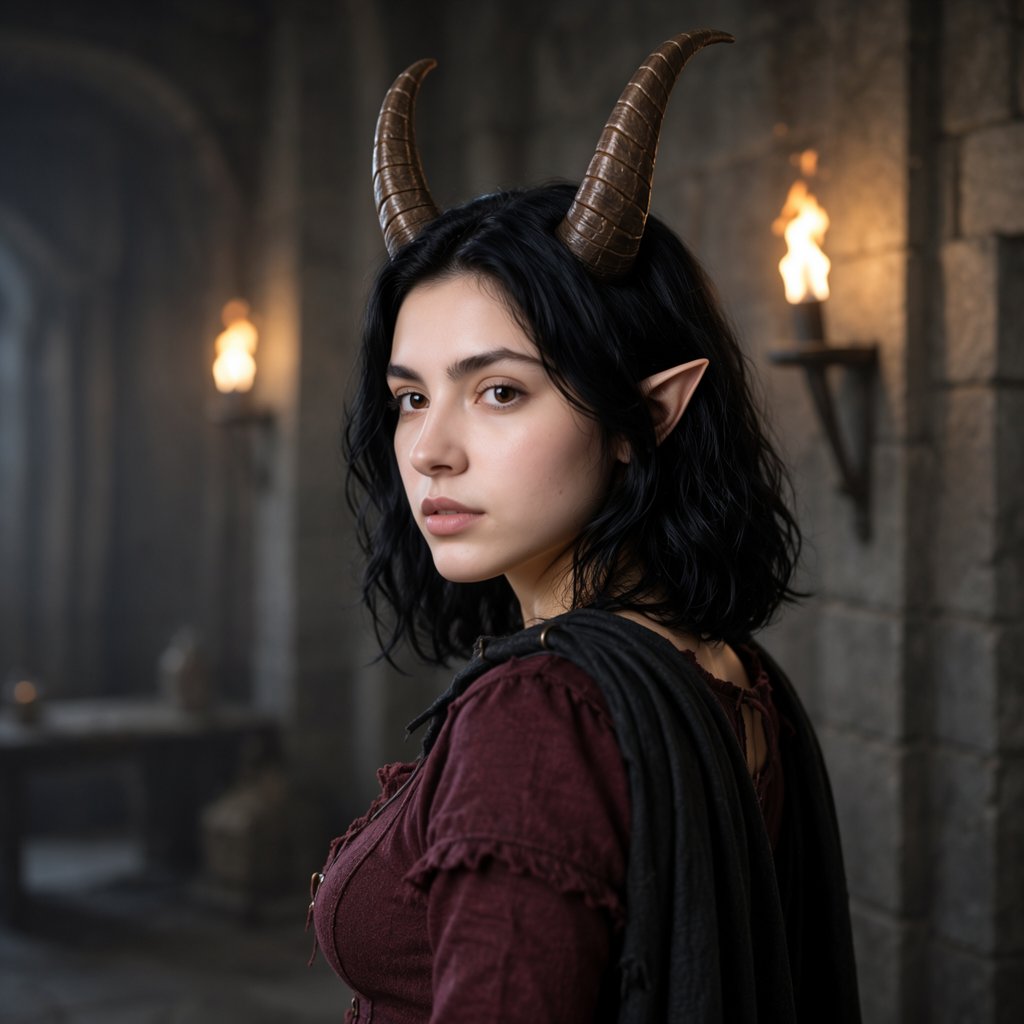 Close up shot,  photograph of a young woman. She has shoulder-length black hair,  horns on her head by jarlbalgruuf on Ten...