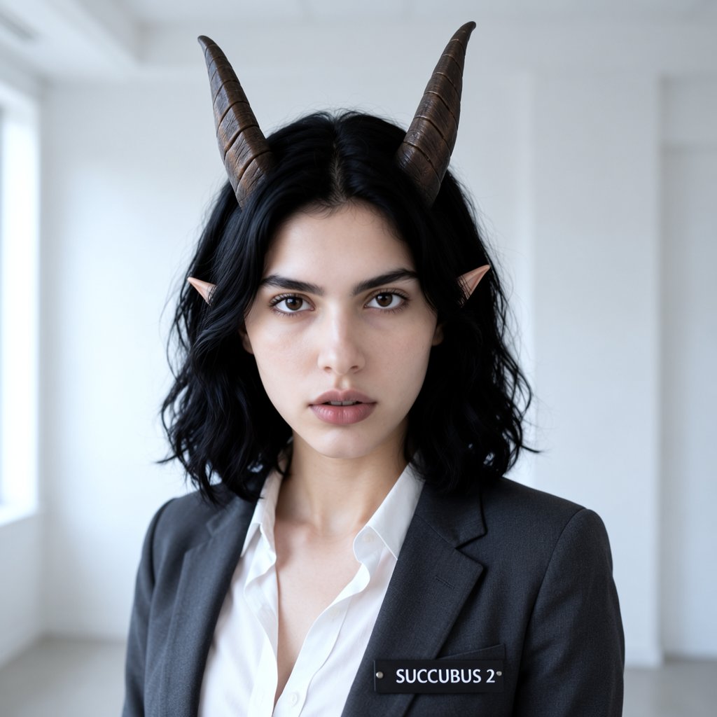 Close up shot,  photograph of a young woman. She has shoulder-length black hair,  horns on her head by jarlbalgruuf on Ten...