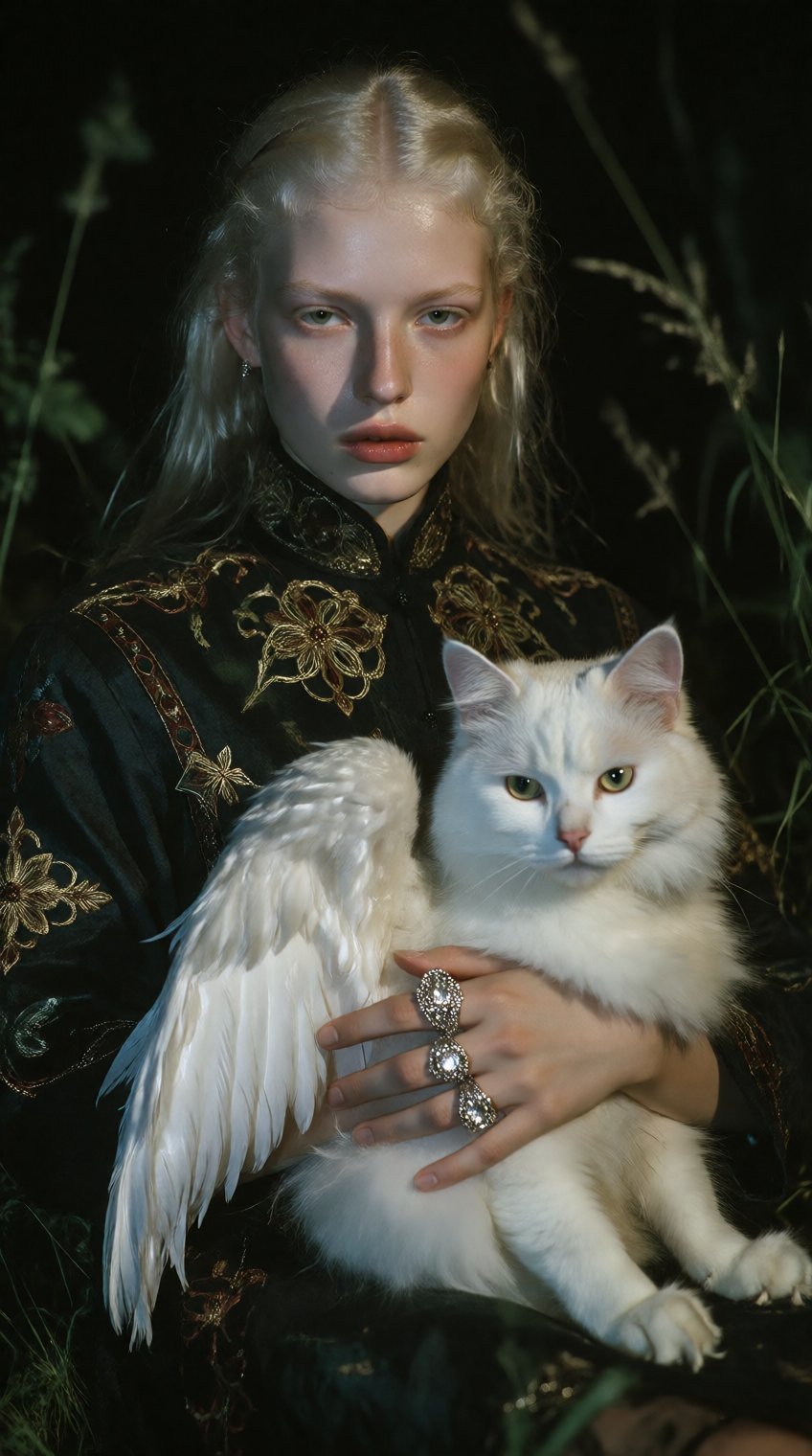 A pale-skinned young woman with long,  straight platinum-blonde hair gazes directly forward,  her expression solemn and co...