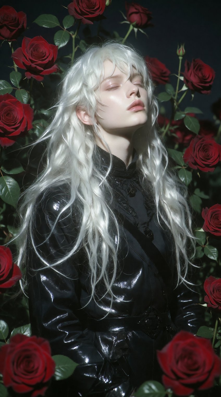 a serene figure with long,  flowing white hair stands amidst a lush backdrop of deep red roses,  the individual is dressed...