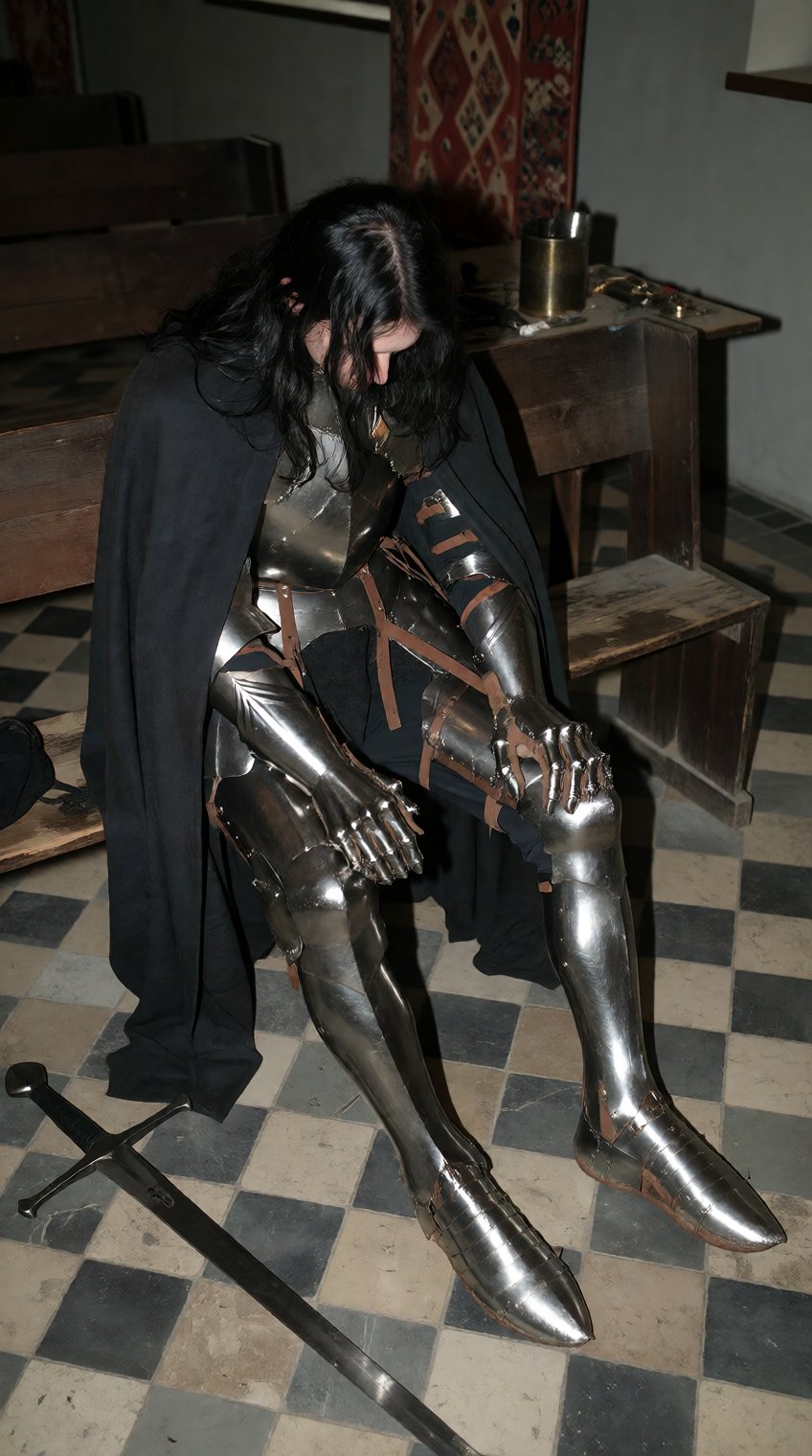 A figure in polished silver plate armor—covering legs,  arms,  and hands—sits slumped on a worn wooden bench by patrik 🐈...