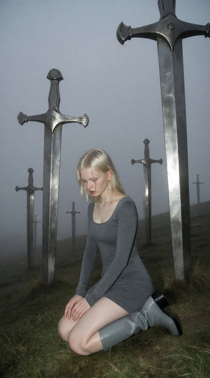 A young woman with pale blonde hair kneels on a grassy hillside,  her gaze lowered and expression somber. She wears a fitt...
