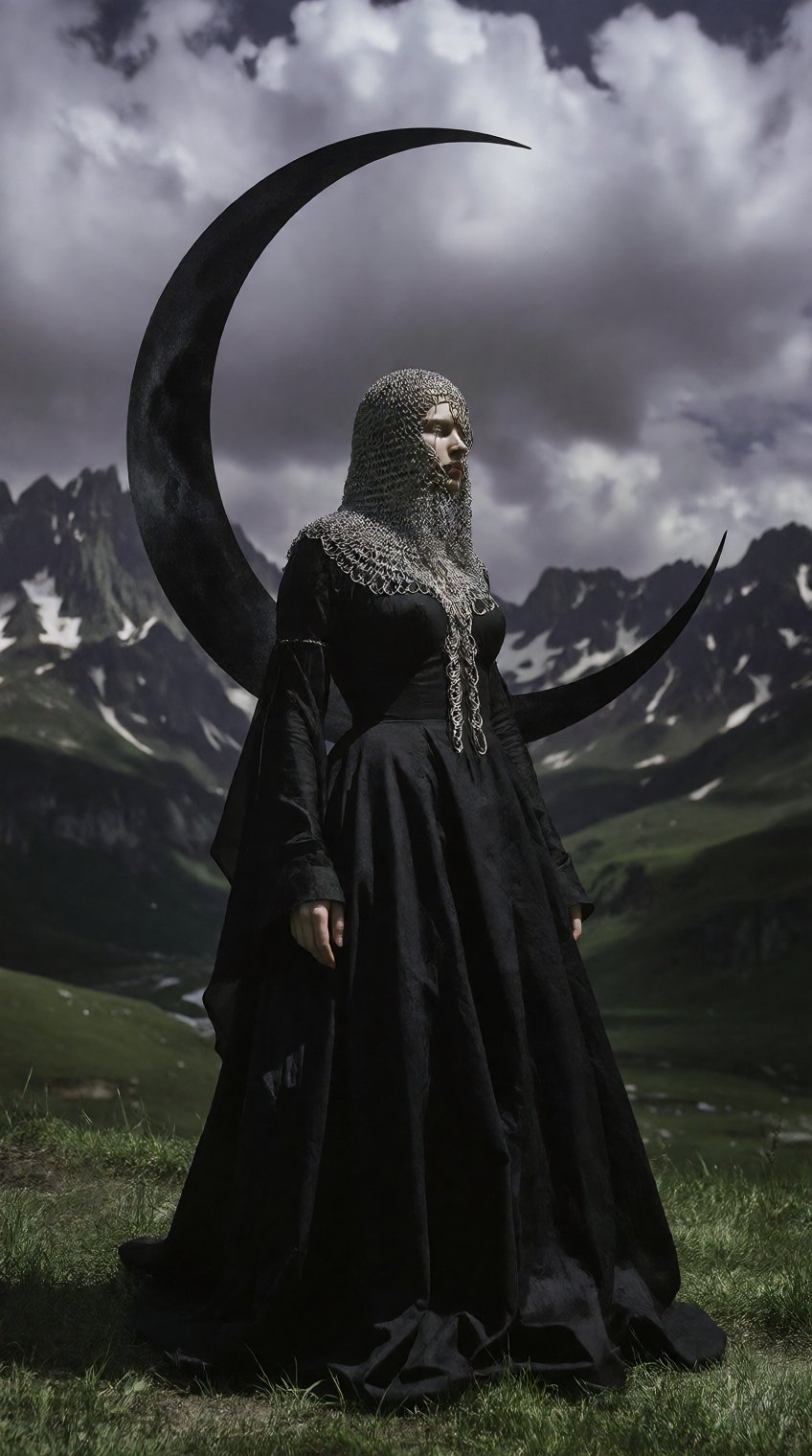 A figure stands on a grassy slope,  backlit by overcast skies,  wearing a voluminous black gown with intricate silver chai...