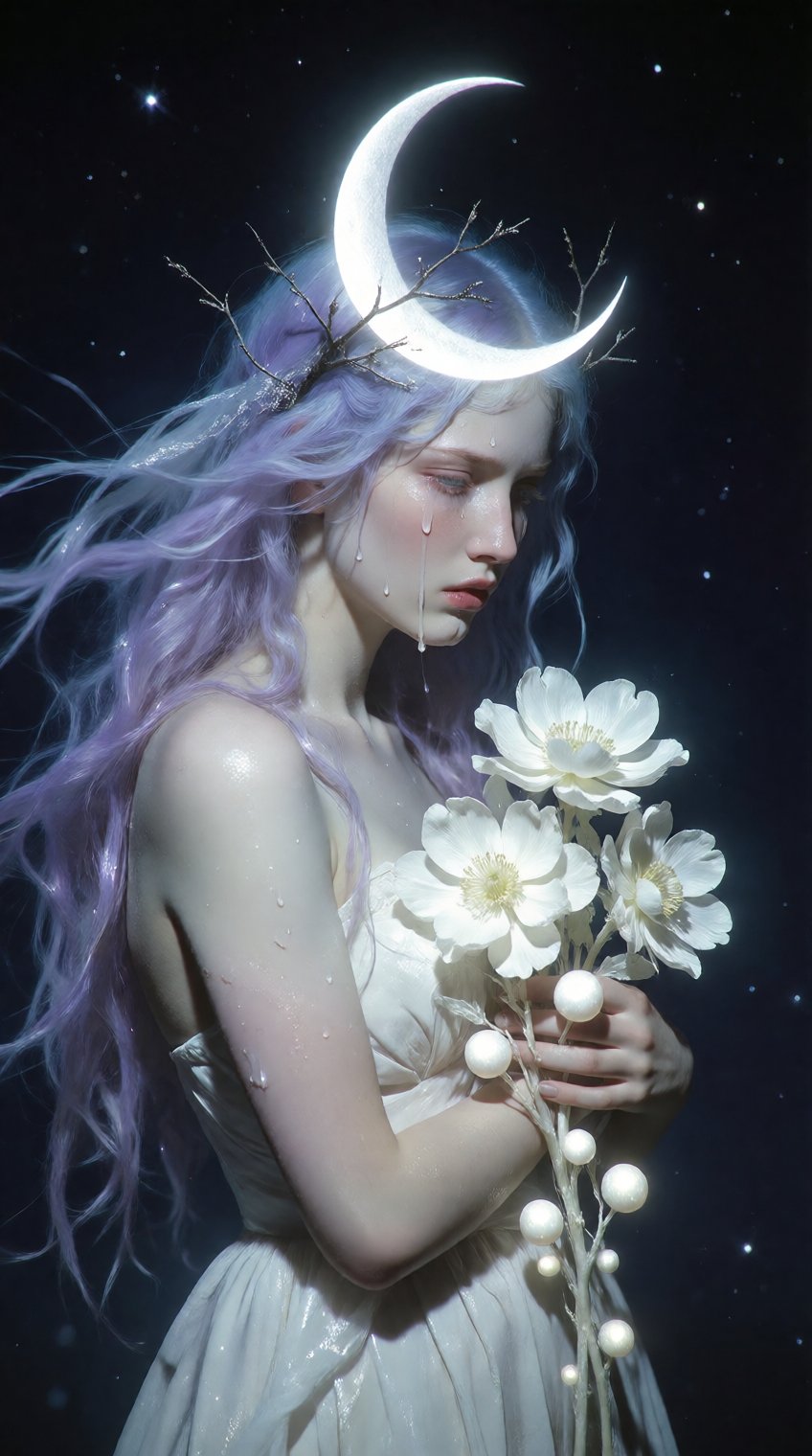 A sorrowful female figure with tears streaming down her pale cheek stands in profile. She has long,  flowing lavender-blue...