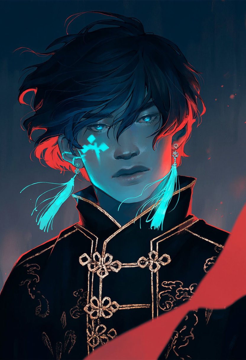 keely,  portrait,  male with asymmetrical dark blue hair with crimson red tips by MissFidonyo on Tensor.Art