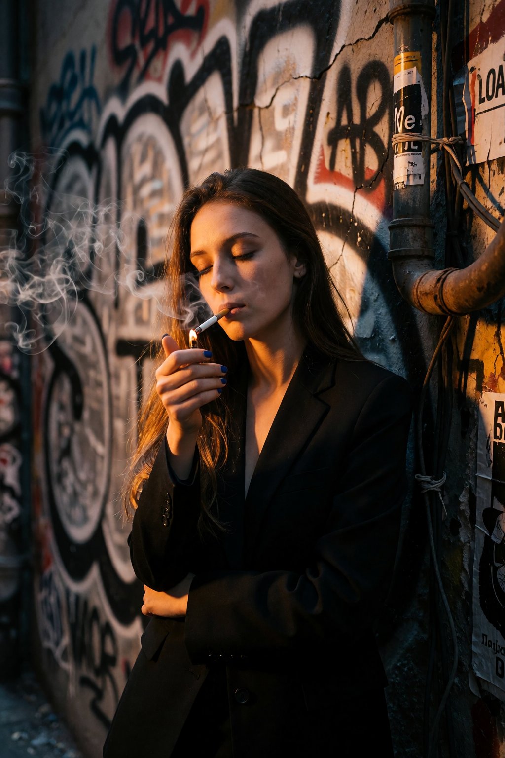 A young woman stands in the shadowed corner of a narrow alleyway,  her figure framed by a 50mm lens with shallow depth of...