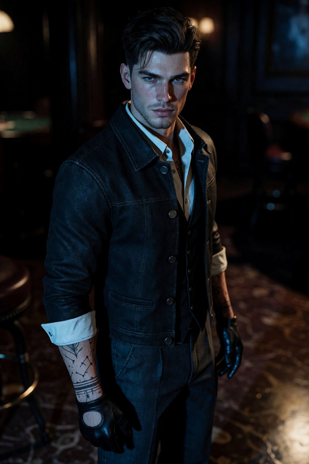A single male figure stands in a dramatic cinematic composition,  captured from a low-angle cowboy perspective that emphas...