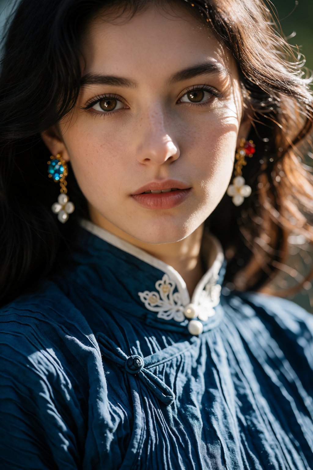 A tender close-up portrait captures a young woman in the midst of a serene moment,  her face illuminated by soft sunlight...