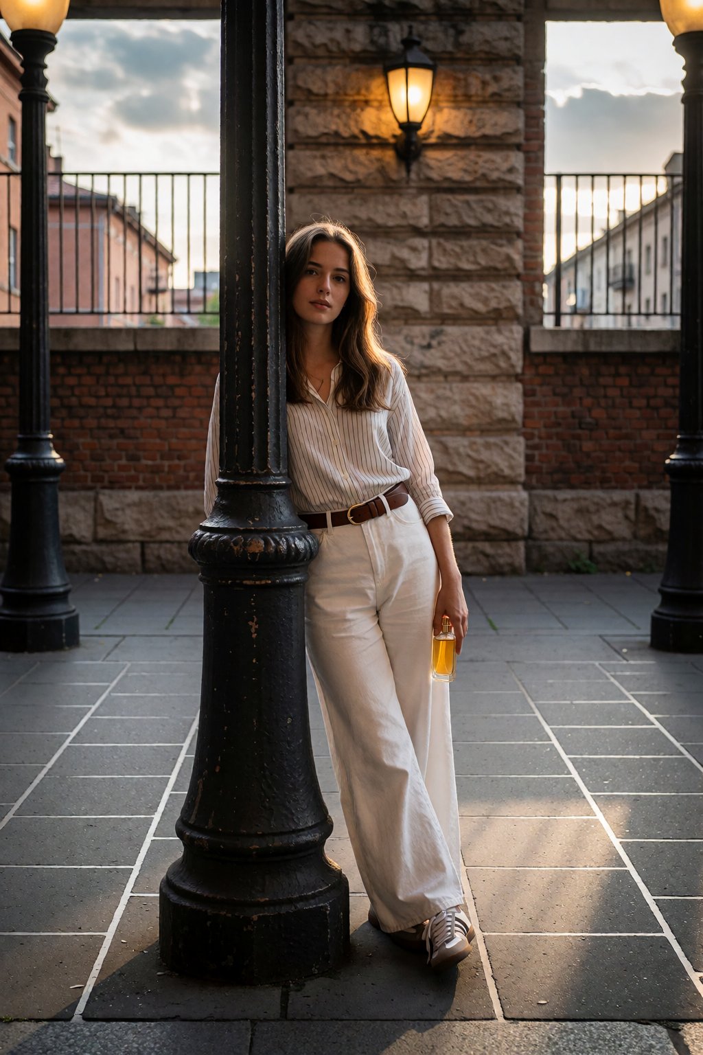 A young woman stands gracefully beside a black streetlamp post on a city sidewalk,  her figure centered slightly to the ri...