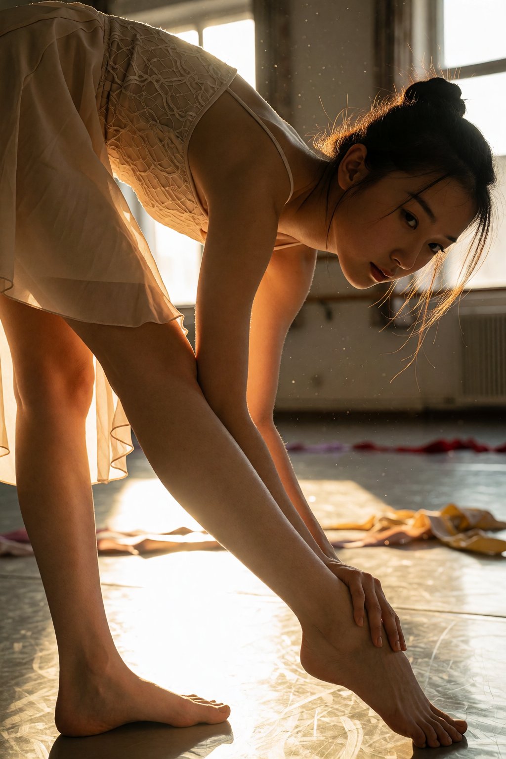 A candid close-up captures Lin Xia standing in a dynamic pose,  her long legs extended in a perfect forward bend with one...