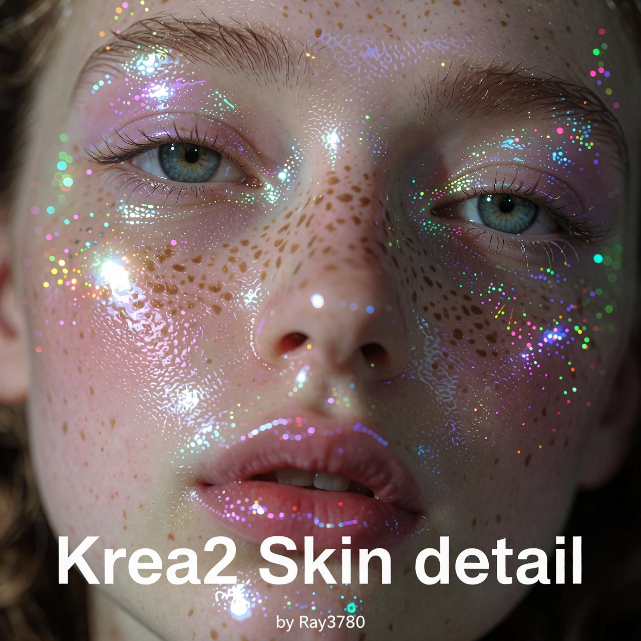 A close-up portrait of a young woman face with freckles,  shimmering iridescent glitter makeup across the skin,  moist glo...