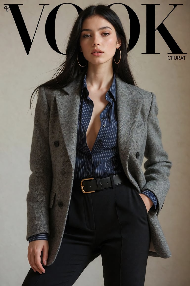 A young woman with long,  straight,  jet-black hair parted slightly off-center stands confidently in a medium full-body sh...