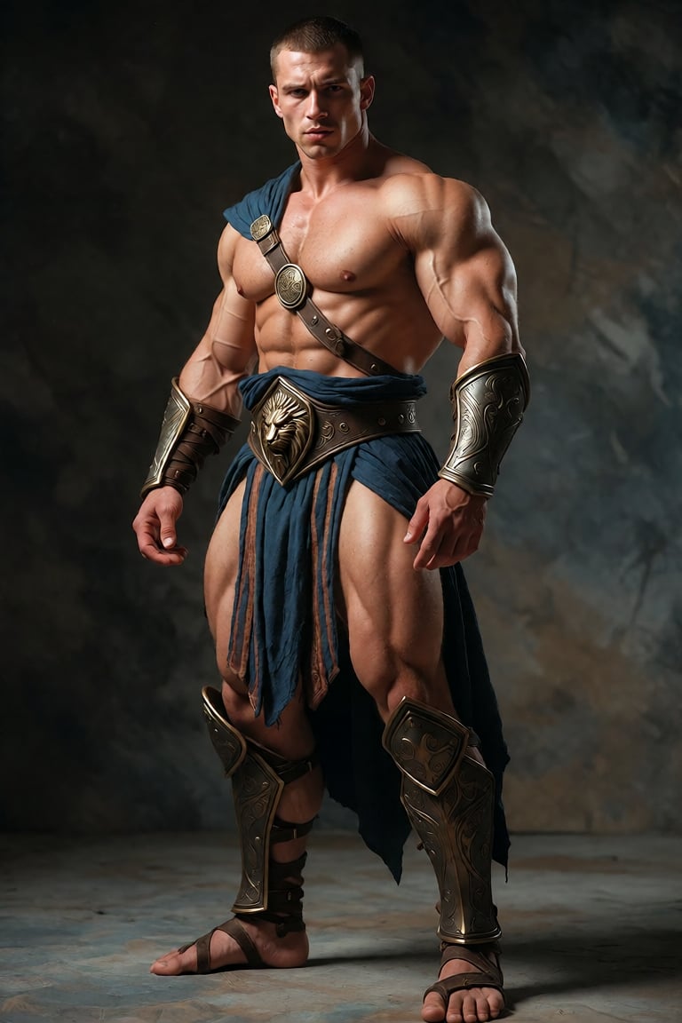 A hyper-muscular,  statuesque male warrior stands in a commanding full-body pose,  facing slightly left with his head turn...