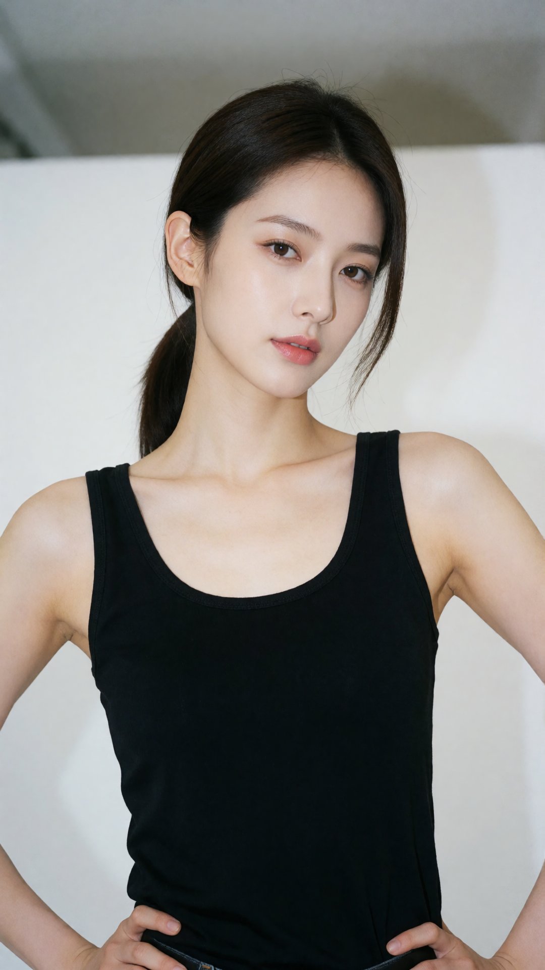 photograph of an east asian woman with fair skin and straight,  dark brown hair tied in a low ponytail,  she has a slender...