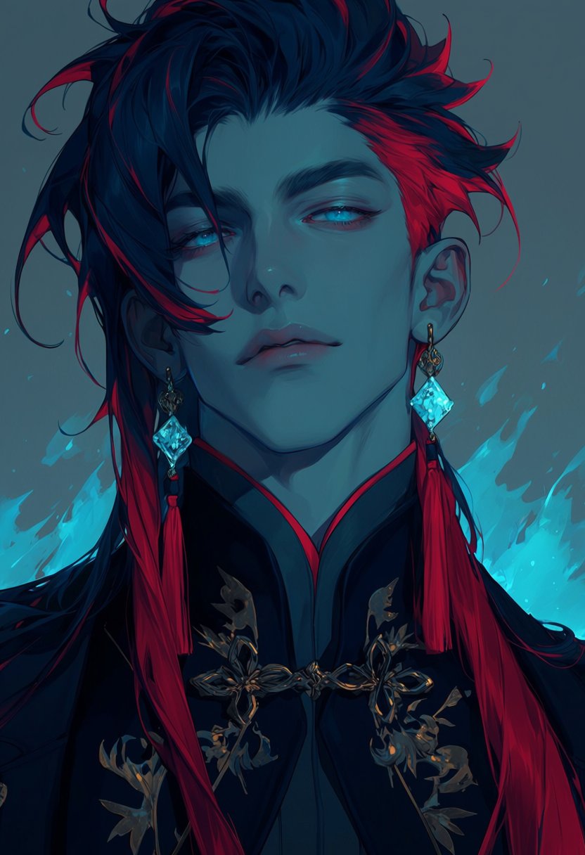 0mu0,  portrait,  male with asymmetrical dark blue hair with crimson red tips on Tensor.Art