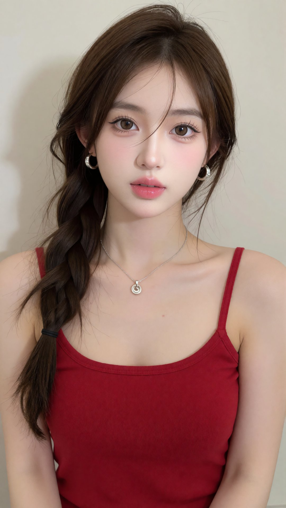 photograph of a young asian woman with fair skin and delicate features,  she has long,  brown hair styled in a loose side...