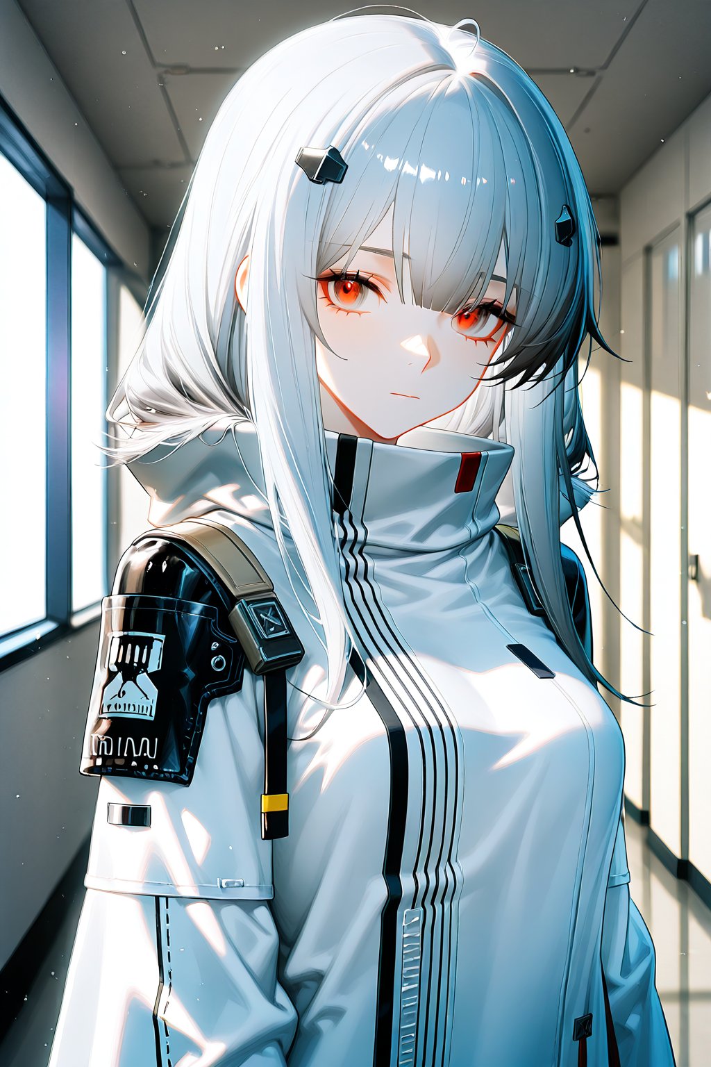 The anime girl with long hair and a white coat stands in the hallway,  in the style of Girls' Frontline,  from Arknights b...