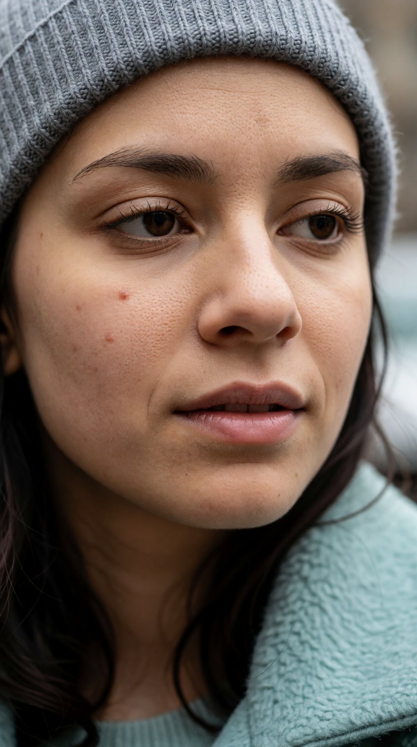 A medium close-up portrait of a young woman wearing a grey beanie and a light teal coat,  looking thoughtfully to the side...