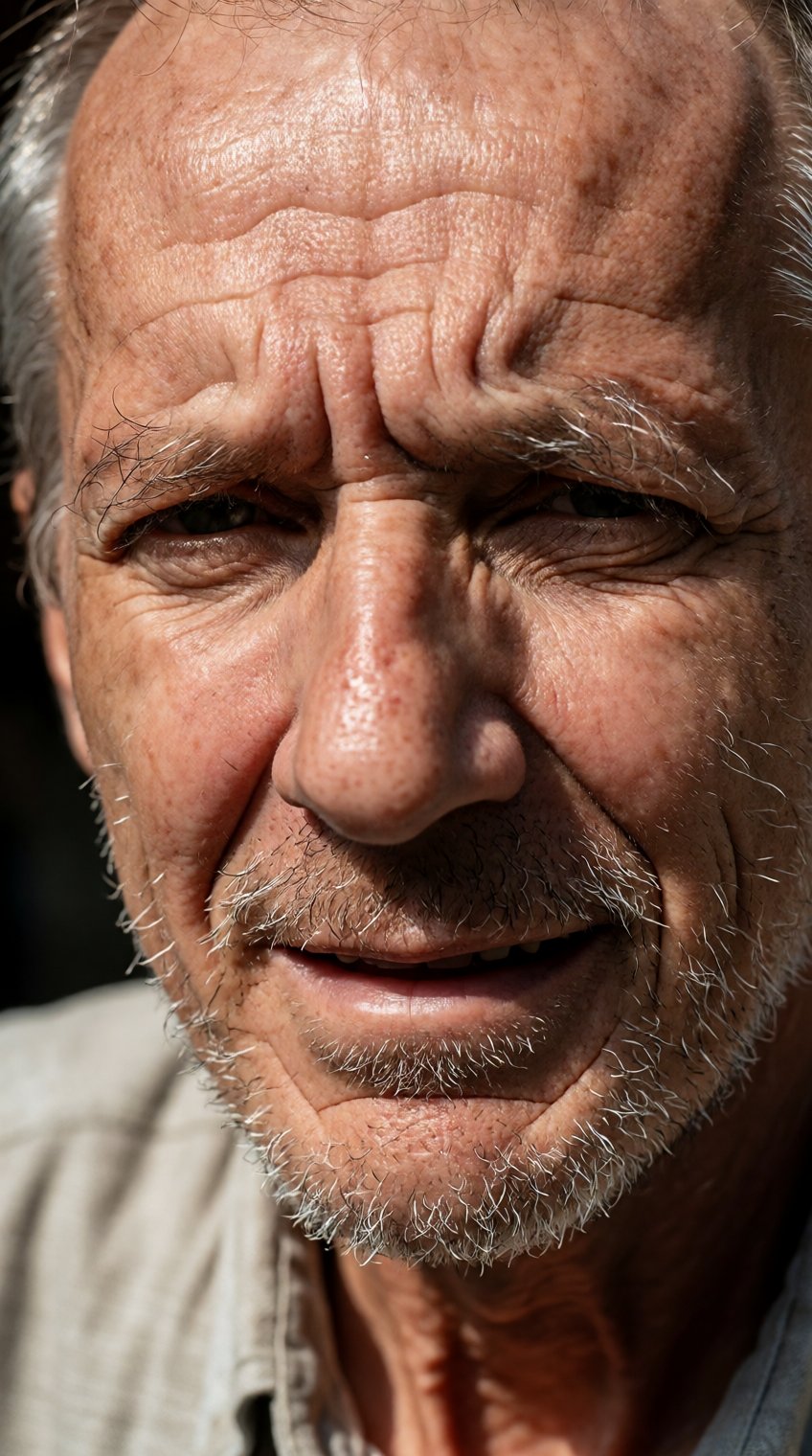 A tight macro portrait of an elderly man with a weathered face and graying stubble. The lighting is harsh and directional...