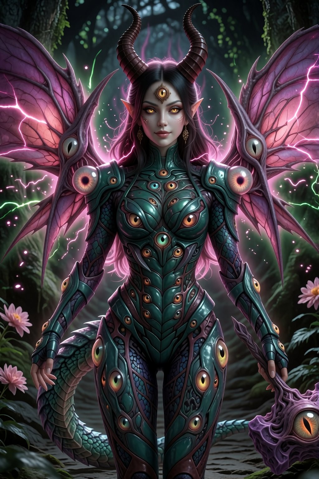 Create a masterpiece in best quality,  ultra detailed art featuring Oculia with a prominent third eye,  horns by Daemon666...