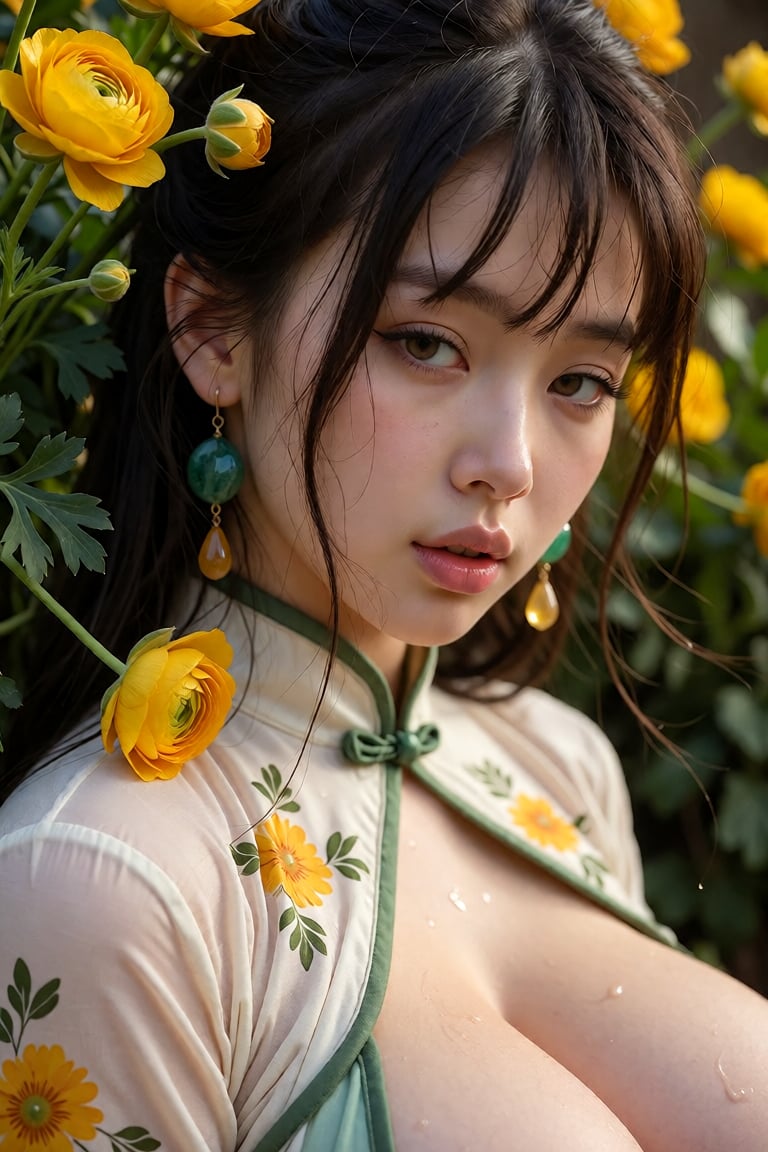 A young East Asian woman with delicate,  porcelain-like skin and large,  luminous sea-green eyes gazes softly toward the v...