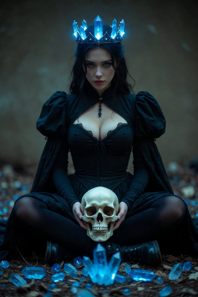 The image depicts a woman sitting cross-legged on the ground,  dressed in a dark,  gothic-style outfit with puffed sleeves...