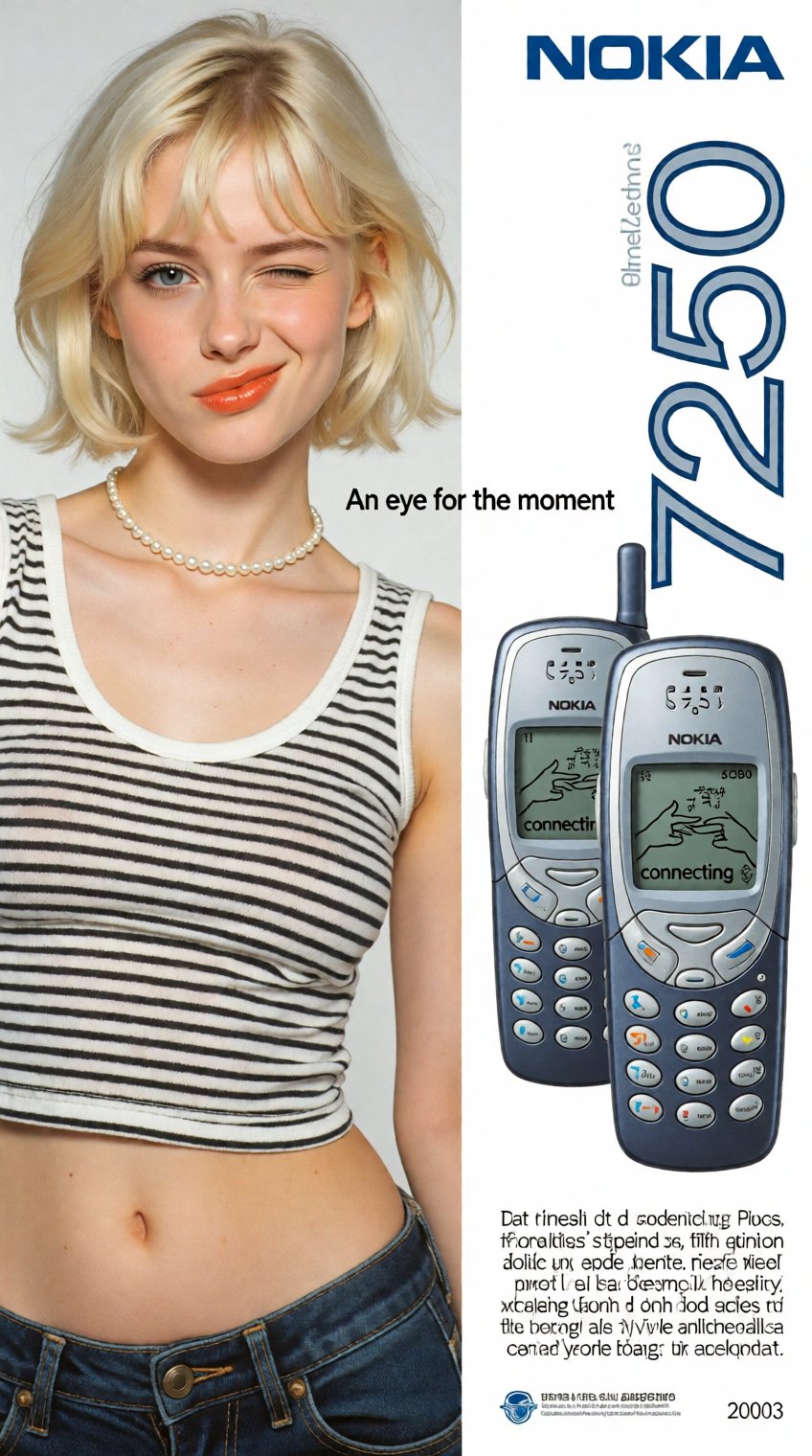 A nostalgic early-2000s print advertisement collage for a mobile phone,  circa 2003,  on a clean white background. On the...