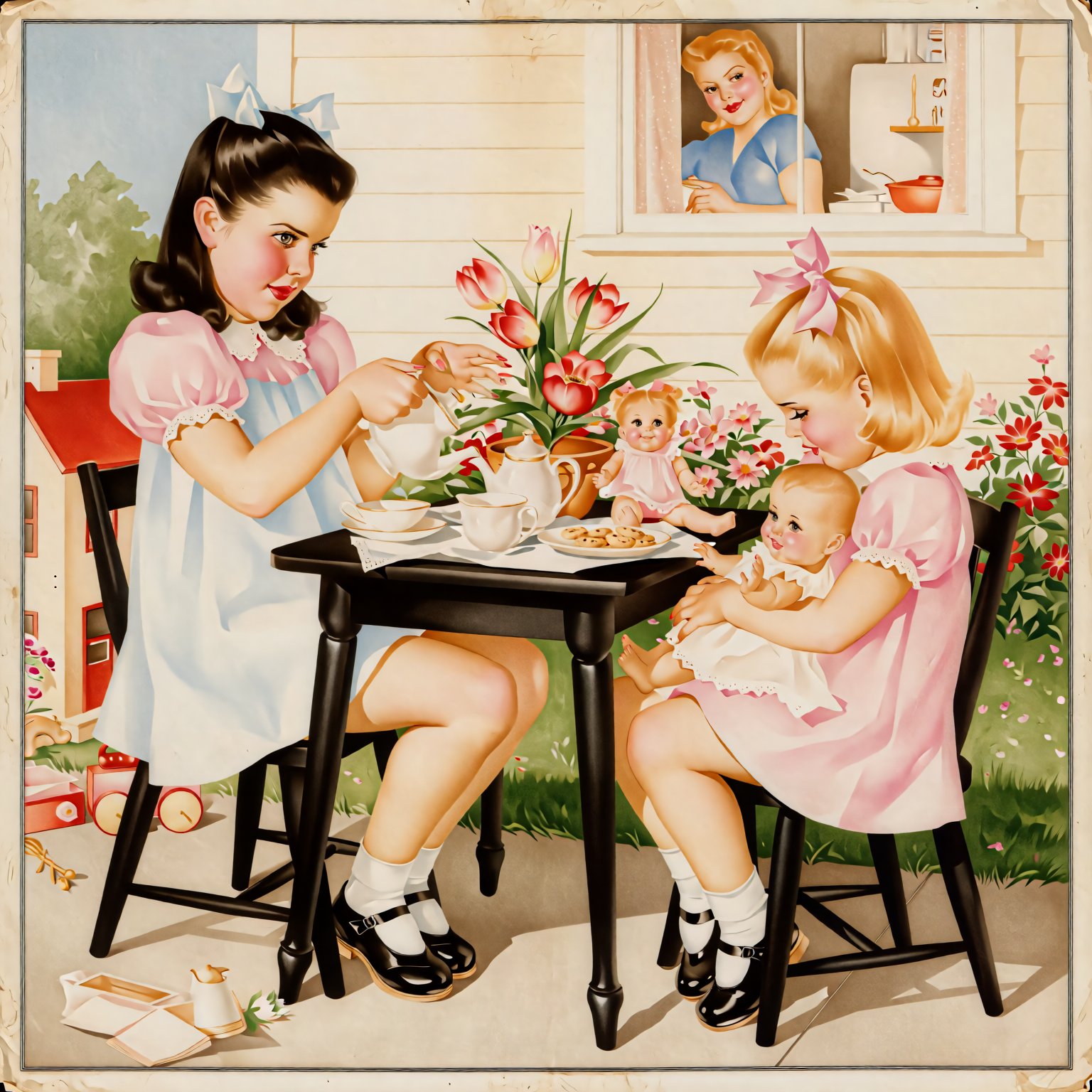 [art-style: Golden Age 1940s American pin-up illustration] Digital vintage lithograph reproduction. Clean,  bold ink outli...