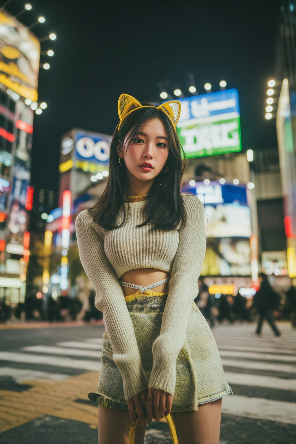 midjourneyanalog16k2e6 A tall young Korean woman stands in the middle of a crosswalk at night in Tokyo. She is wearing a l...