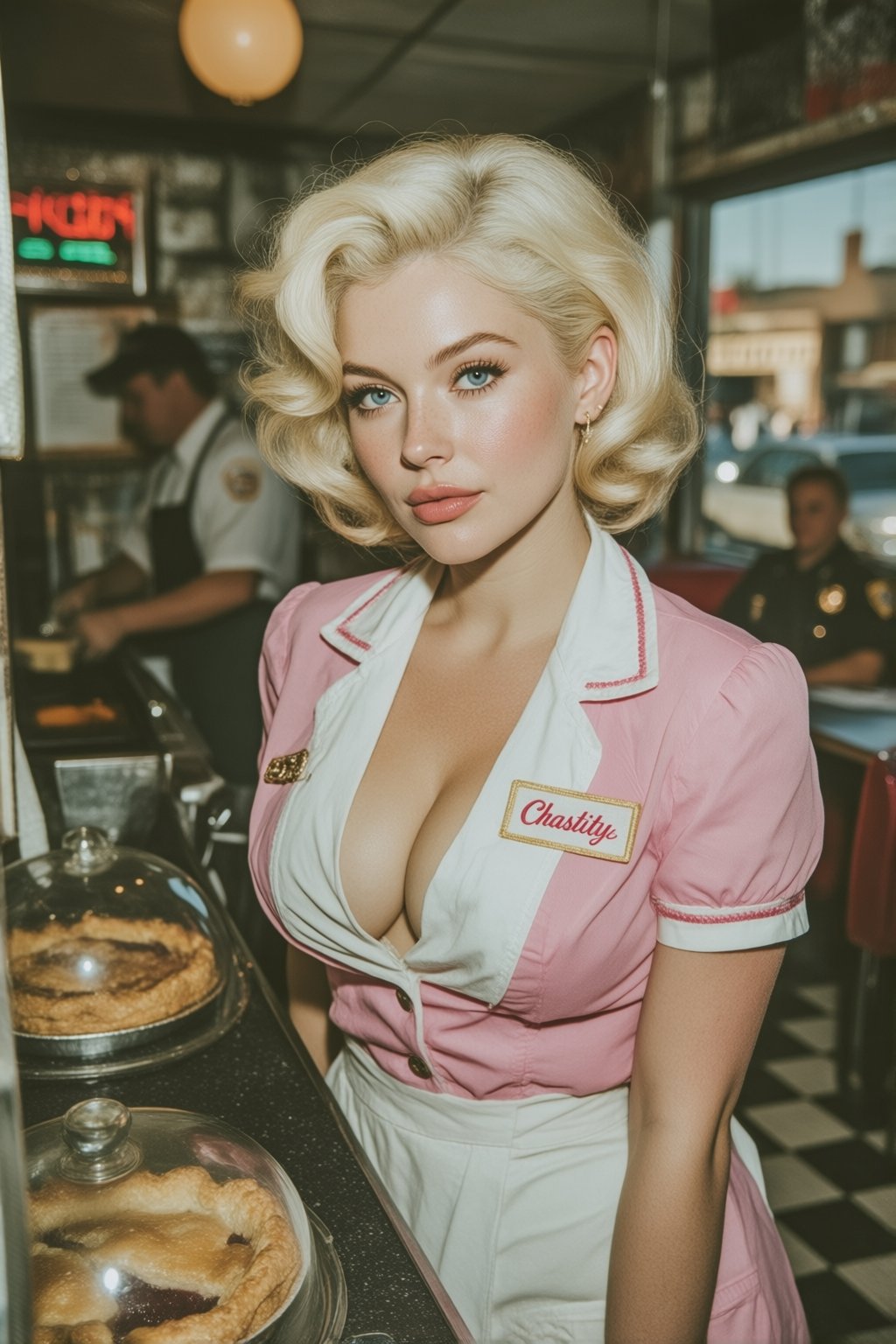 midjourneyanalog16k2e6 A waitress named Chastity,  with her name embroidered on a tag beside her large breasts,  standing...