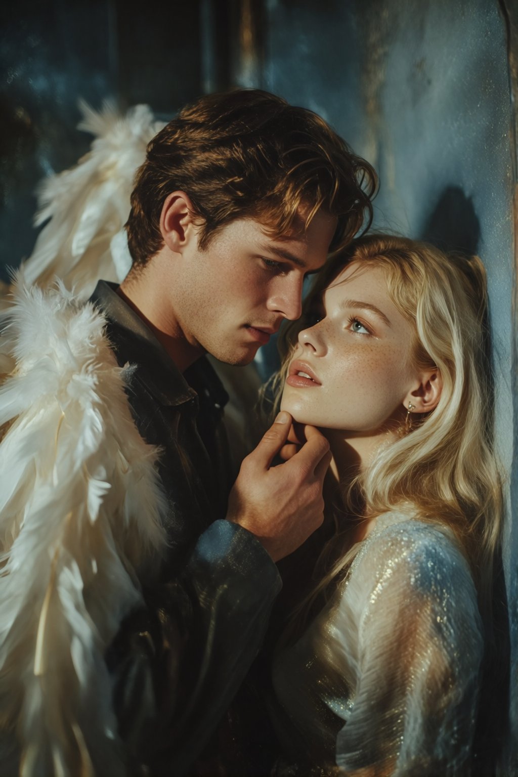 midjourneyanalog16k2e6 Close-up of a man with short brown hair and a woman with long blonde hair. The man,  featuring larg...
